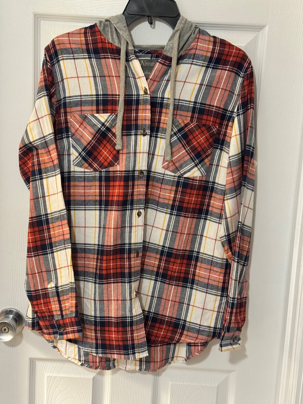 Natural Reflections Plaid Hooded Flannel Shirt Gray Red Size L